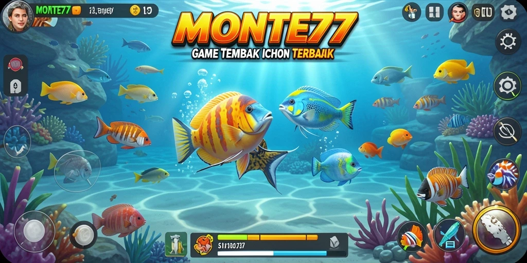 Tangkapan layar gameplay menarik dari MONTE77 yang menunjukkan aksi menembak ikan.