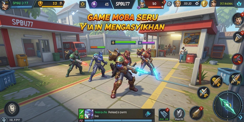 Screenshot gameplay SPBU77 menampilkan pertarungan MOBA yang seru.